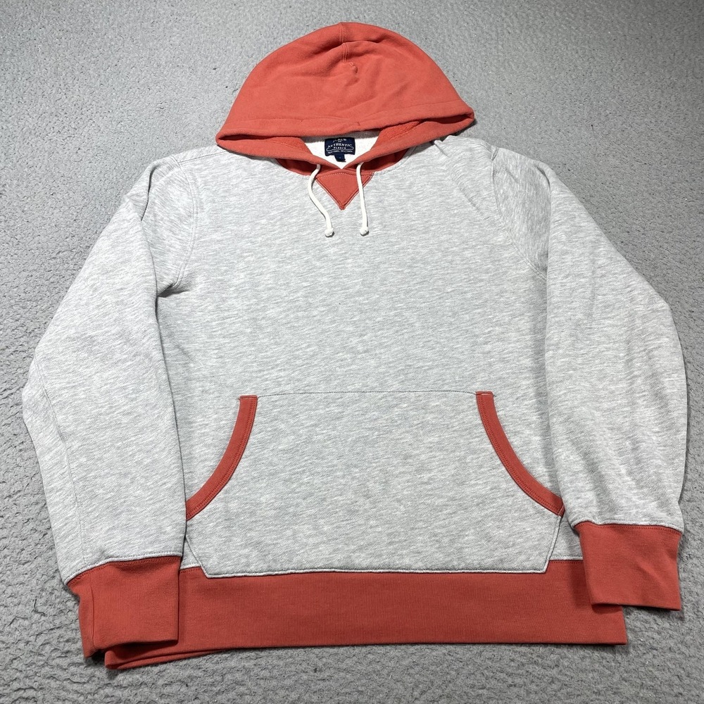 J.Crew‎ Hoodie Mens Medium Gray Orange Authentic Fleece Pullover Sweatshirt